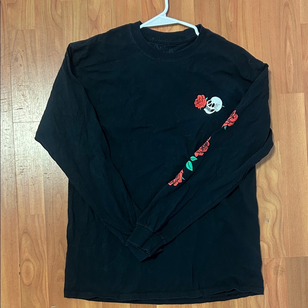 Black Long Sleeve Shirt with Skull and Rose Design